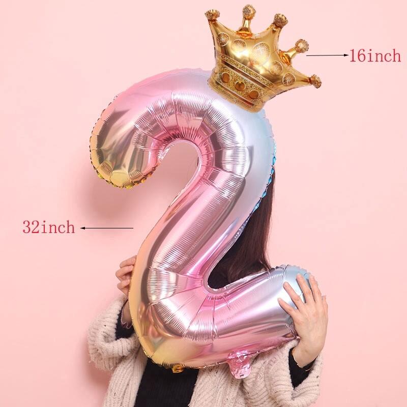 2pcs 32inch Aluminum Foil Gradient Number Balloons 12Inch Crown Balloon Birthday Wedding Party Decoration