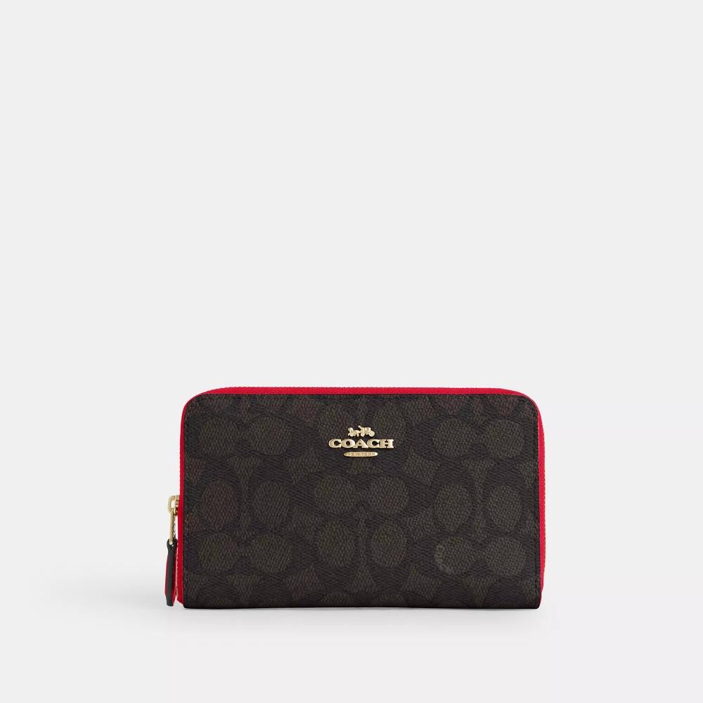 

Coach Medium Id Zip Wallet In Signature Canvas Gold Walnut Bold Red One Size