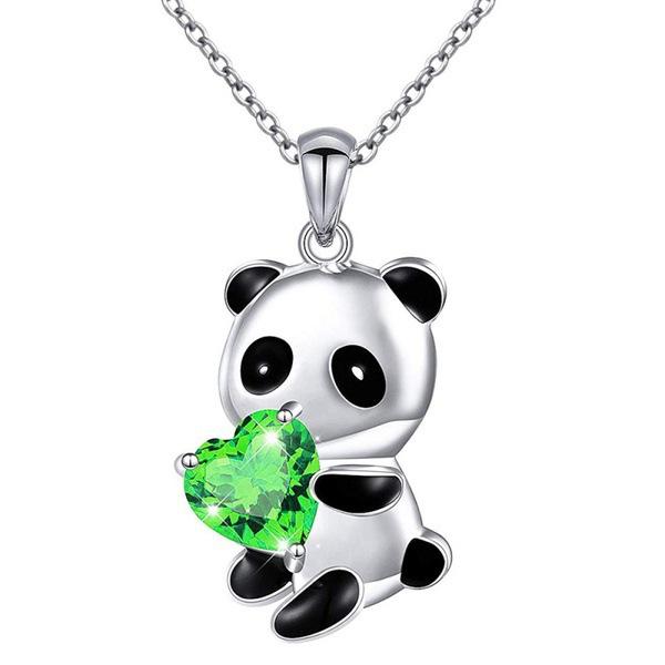European & American Cute Panda Necklace: Pink Heart-Shaped Cubic Zirconia & Blue Crystal Design