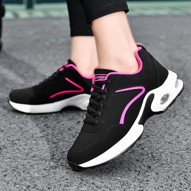 Suede Sneakers for Women Size 42 Wedge Platform Black Female Air Cushion Road Running Shoes Lightweight Breathable Casual Sports