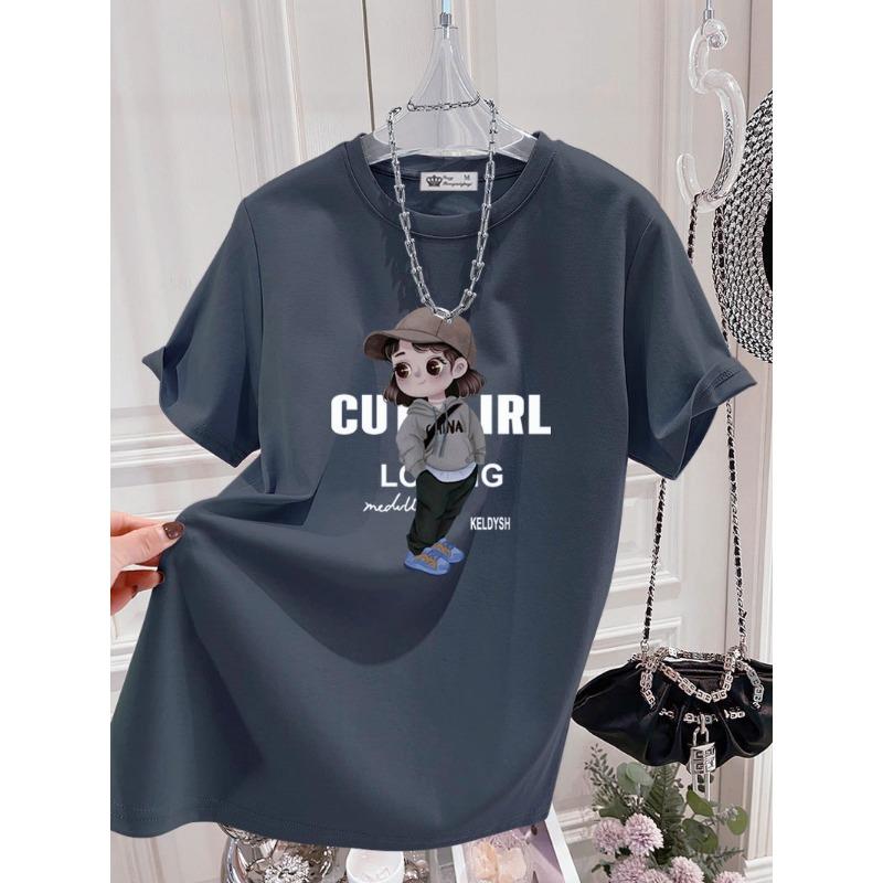 Large Version of Loose T-shirt for Women's Short-sleeved Pure Cotton Summer New Korean Version of Cute Girl Mid-length Top