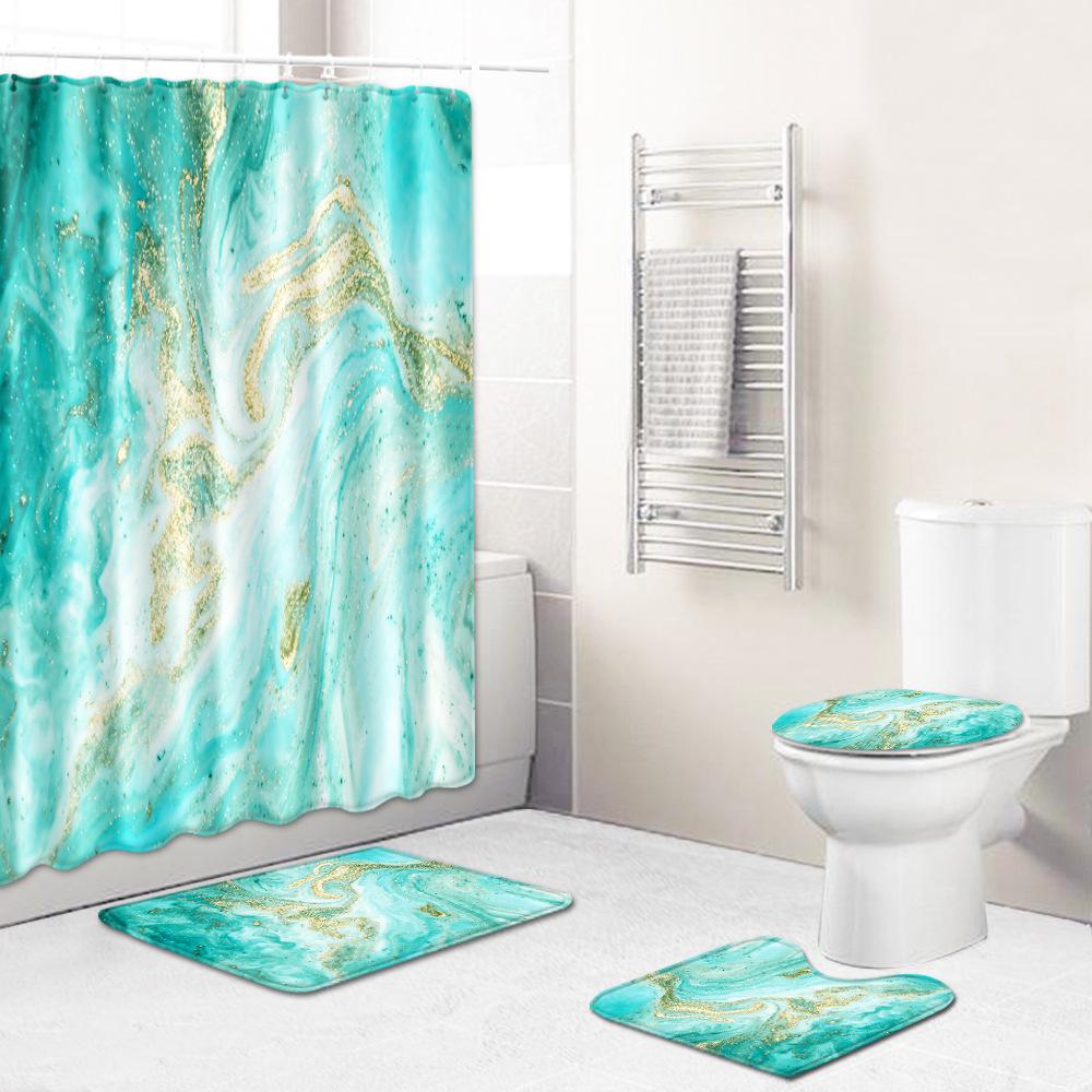 Marble Texture Printing Bathroom Non-Slip Floor Mat Shower Curtain Combination Carpet European And American Style