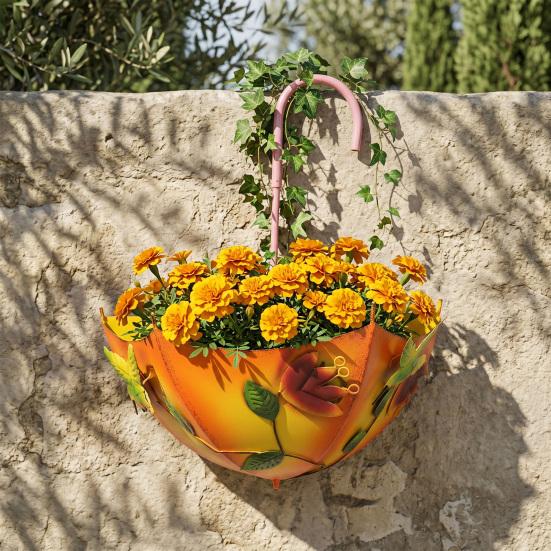 Metallparaply Hängande Planterare Paraplyformad Räcke Blomkruka Gårdsväggmonterad Planterare för Trädgård uteplats Veranda Fönsterbräda Dekor