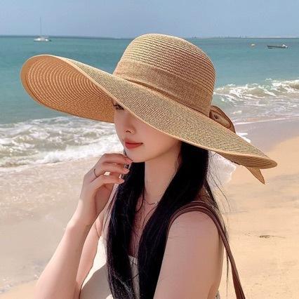 Popular summer beach travel bow webbing straw hat women's large-brimmed hat sunscreen versatile cool hat