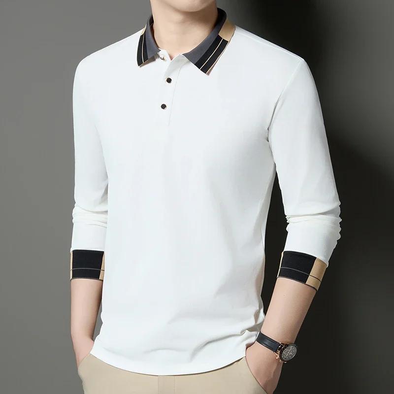 Spring Autumn Men s Business Casual Long Sleeve Polo Shirt Fashion Patchwork Turn Down Collar Polos Man M белый