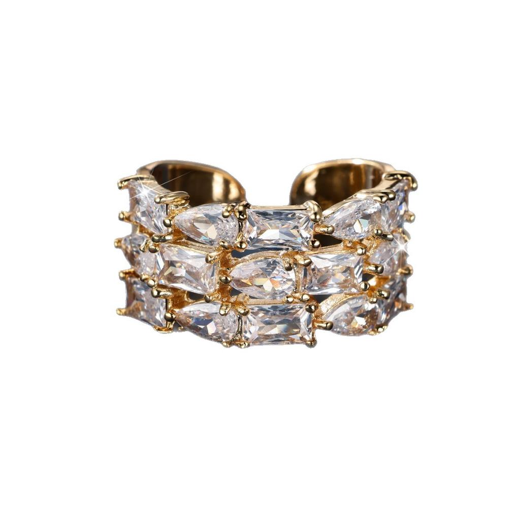 Full diamond ladder square zircon open ring, super flash wide face ring open ring, exaggerated wind
