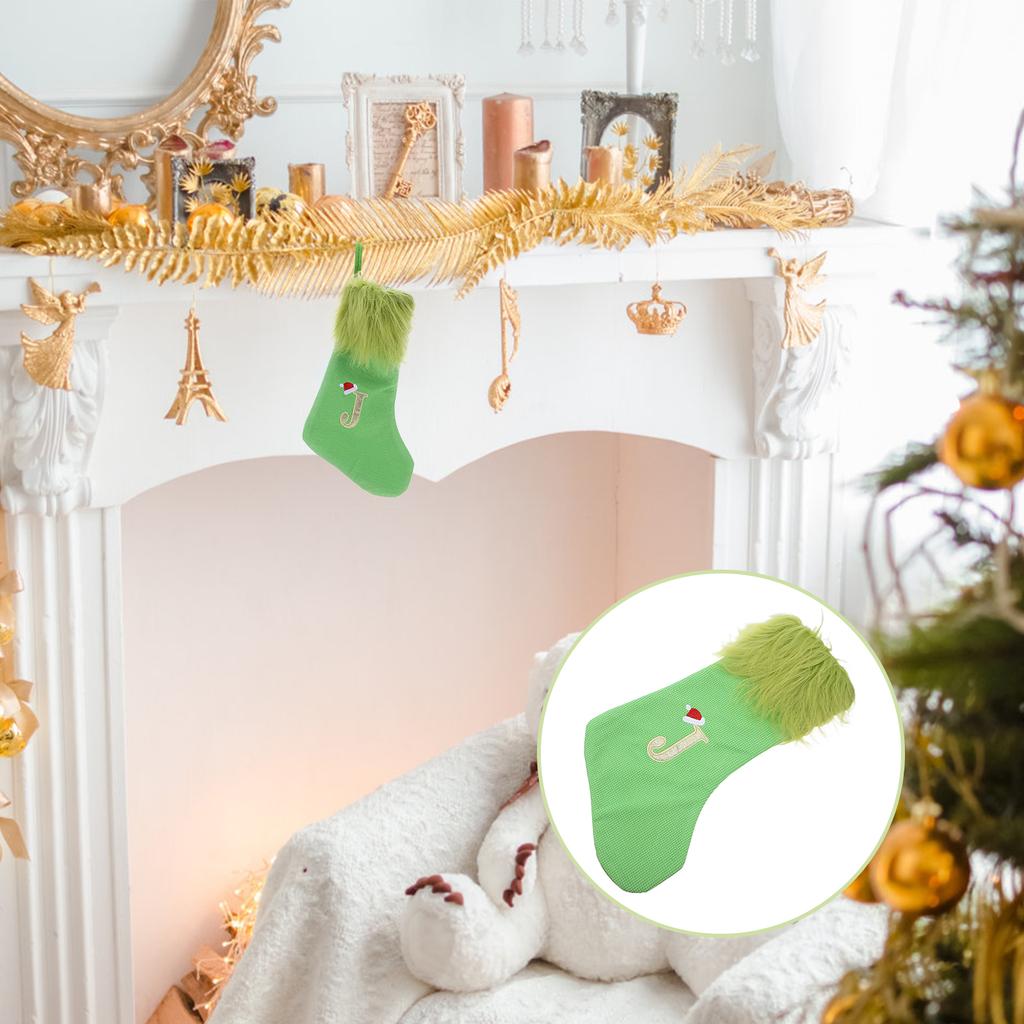Large Green Knitted Christmas Stocking Letter M Embroidered Xmas Hanging Loop Holiday Party Decor Candy Treat Bag