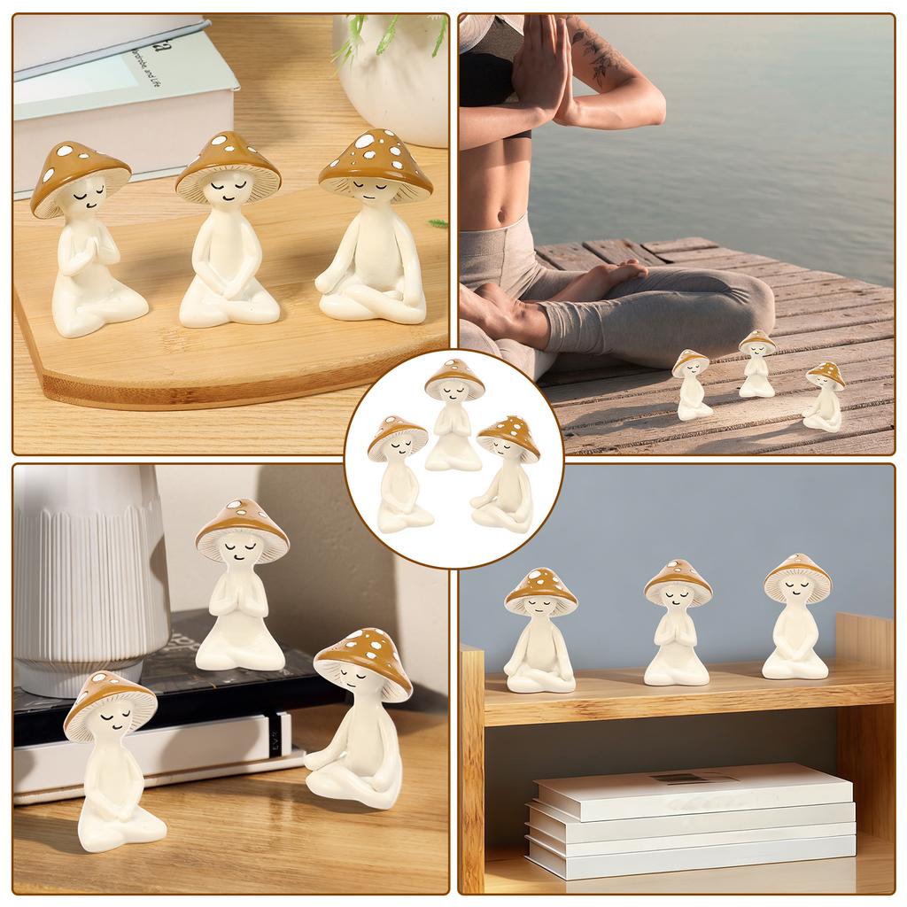 3Pcs Yoga Mushroom Statues Cute Small Resin Yoga Mushroom Figurines Tabletop Ornaments for Garden Patio Home Office Decoration