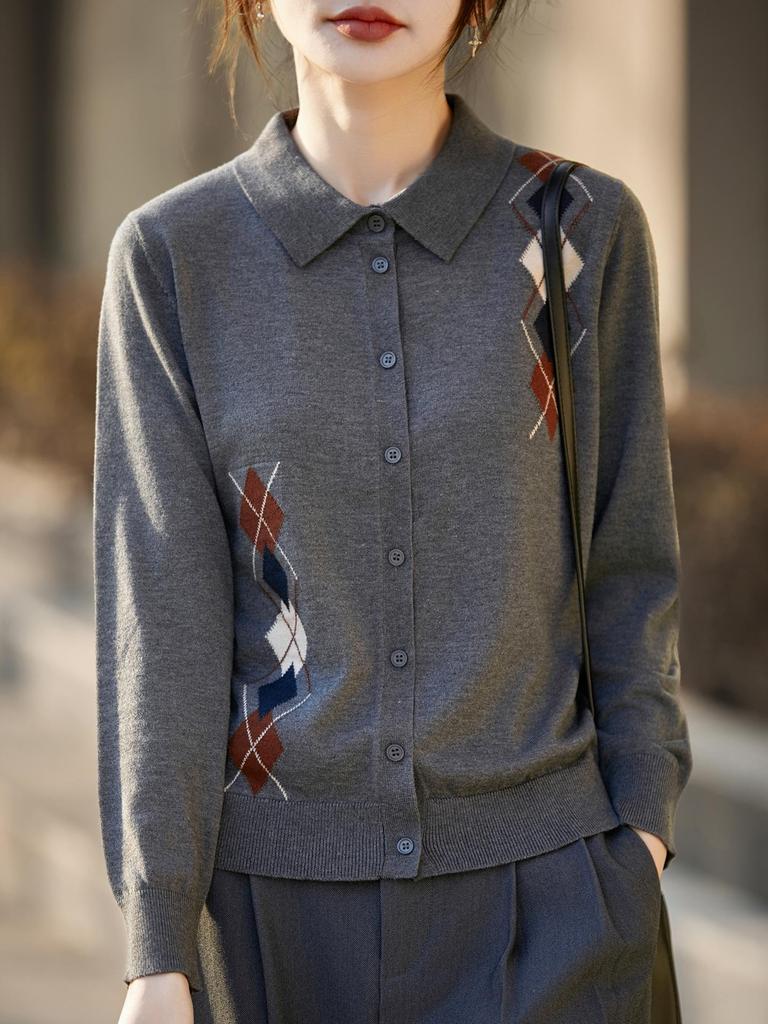 Women's French Retro Diamond Pattern Wool Knit Cardigan - Long Sleeve, Slimming Fit