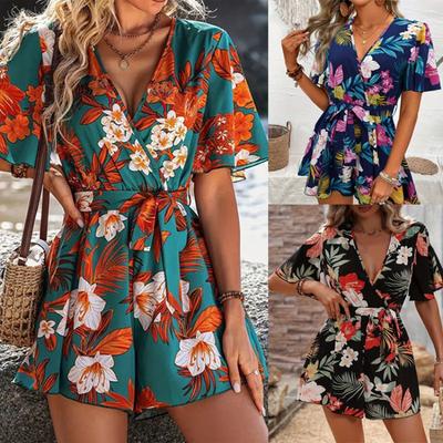 Strandurlaub Kurzarm V-Ausschnitt Lässige Overalls Damen Strampler Sommer Lockerer Druck Kurzer Overall für Damen Elegante Lady Playsuits mit hoher Taille 26275