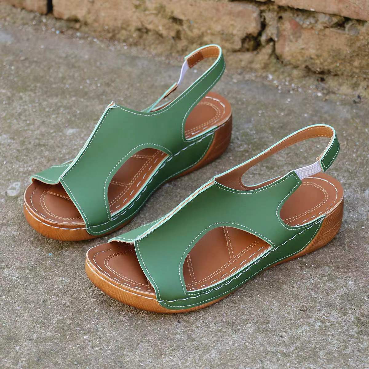 

wish2025 босоножки на толстой танкетке с толстой подошвой женские летние 2024 года новые простые повседневные римские сандалии с открытым носком 43 зелёный