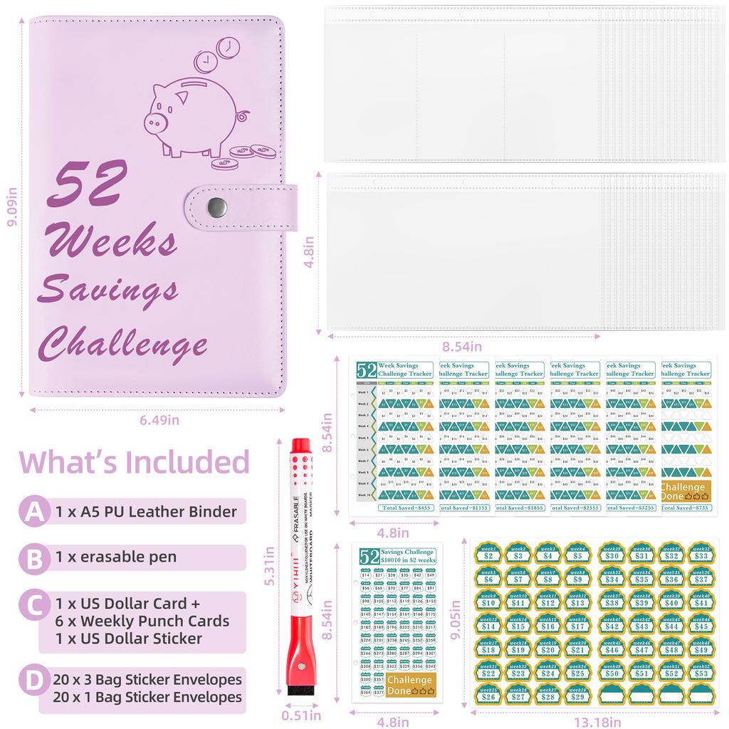 Cross-border 52-Week Savings Challenge Gift Notebook-Save Money Cash Savings Book with Loose-leaf Binding