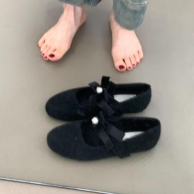 Velvet Bow Flat Mary Jane Shoes One Pedal Plush Light Mouth Single Shoes Fluffy Shoes