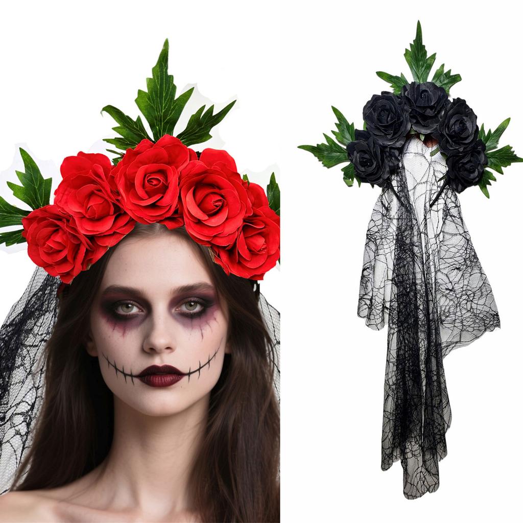 Halloween Gothic Lace Veil Headband With Red Roses Cosplay Hairband For Women Kids Costume Party Accessories