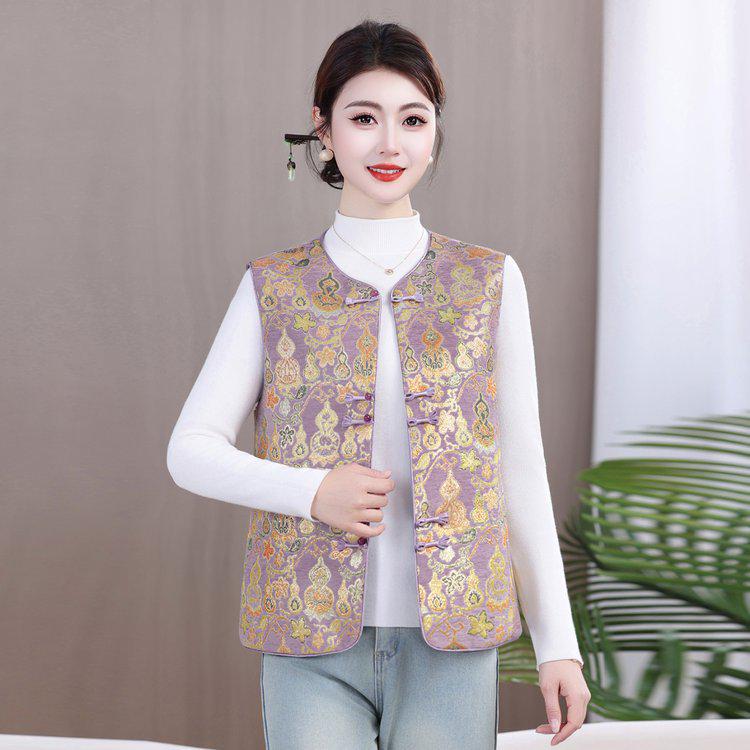 Women's Retro Chinese Frog Button Round Neck Vest - Spring/Autumn Gourd Jacquard Style