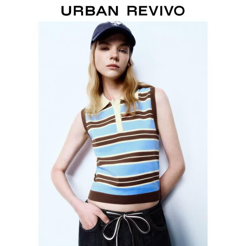 UR2026 Women s Casual Color-block Stripe Polo Knit Top XS
