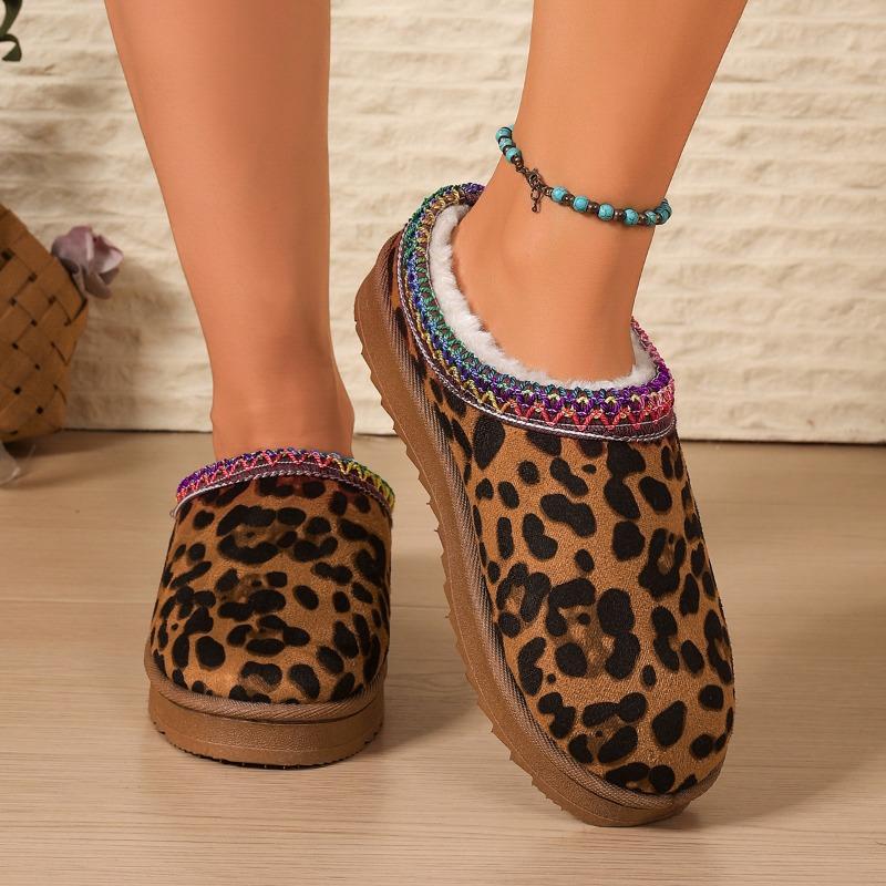 Leopard Flat Snow Boots for Women 2025 Winter Warm Comfort Thick Cotton Slippers Woman Soft Thick-Soled Cotton Boots