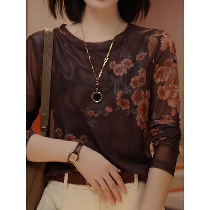 Floral Print T-Shirt for Women High Elasticity Crew Neck Long Sleeve Top with Semi-Sheer Floral Design, Spring/Fall Casual & Formal Wear