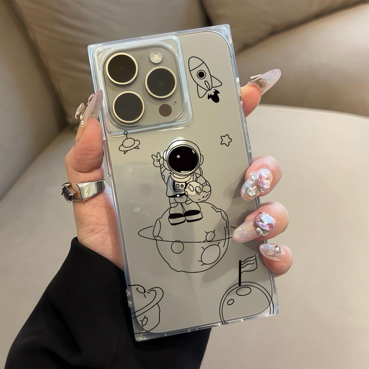 

Square Back Tube Protection Clear Case For iPhone 12 11 15 Plus 14 Pro Max 13 16 ProMax Anti-Oxygen,Biye Astronaut Pattern Casing iphone 11 ProMax