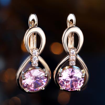 1 Pair Golden Color Round Cut Pink Stone Earrings Women Wedding Tear Drop Earrings Jewelry