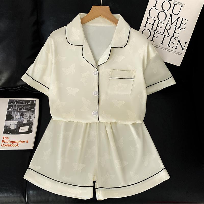 Light Luxury High-End Cold Silk Cool Butterfly Jacquard Pajamas Women'S Summer Short-Sleeved Casual Loungewear Set