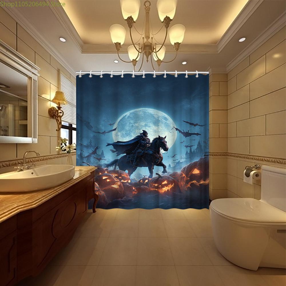 1pc Gothic Dark Knight Shower Curtain - Medieval Knight on Horseback with Bats & Jack-O'-Lanterns, Spooky Bathroom Decor, Larg