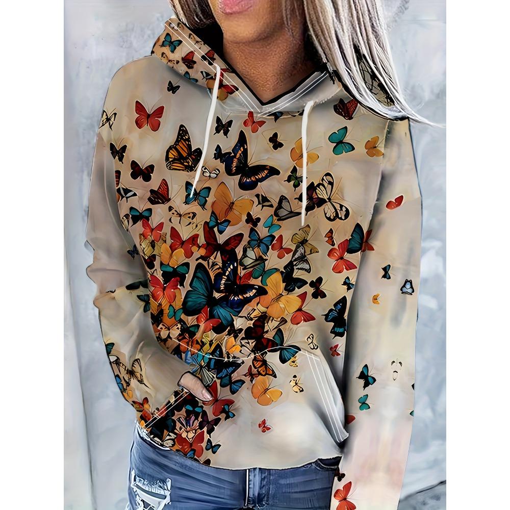 2025 Women's Tops Autumn and Winter Hoodies Ladies Loose Floral Butterfly Print 3d Print Fashion Casual Pullover Hoodies