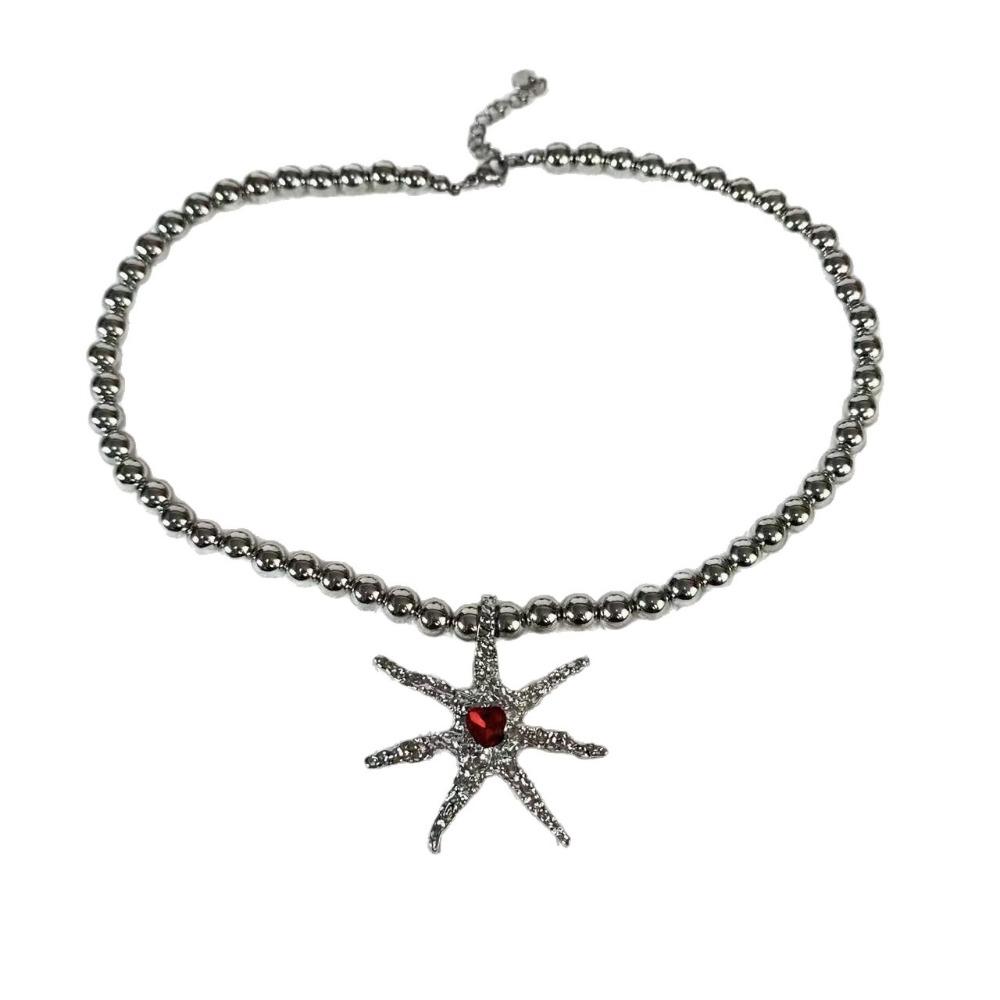New Punk Sliver Color Liquid Metal Marine Life Irregular Starfish Red Heart-shaped Rhinestone Pendant Necklace for Women Jewelry