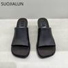 Fashion SUOJIALUN 2025 Summer New Brand Women Slipper Fashion Square Toe Slip On Ladies Elegant Slides Square Med Heel Casual Sandal Sho