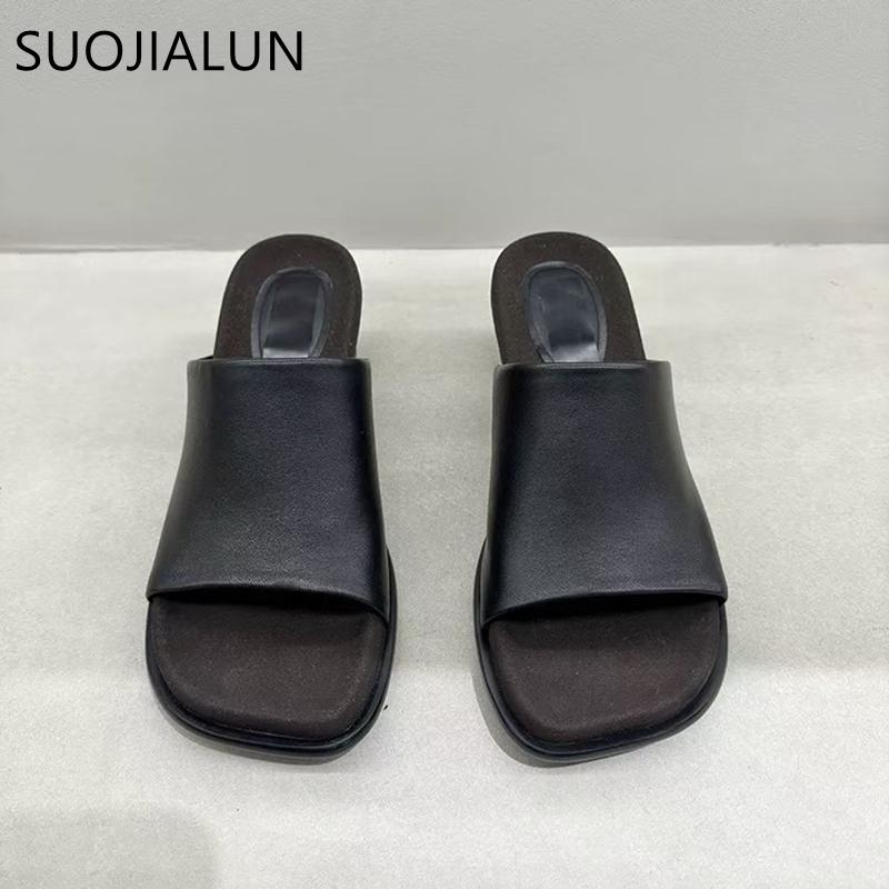 Fashion SUOJIALUN 2025 Summer New Brand Women Slipper Fashion Square Toe Slip On Ladies Elegant Slides Square Med Heel Casual Sandal Sho