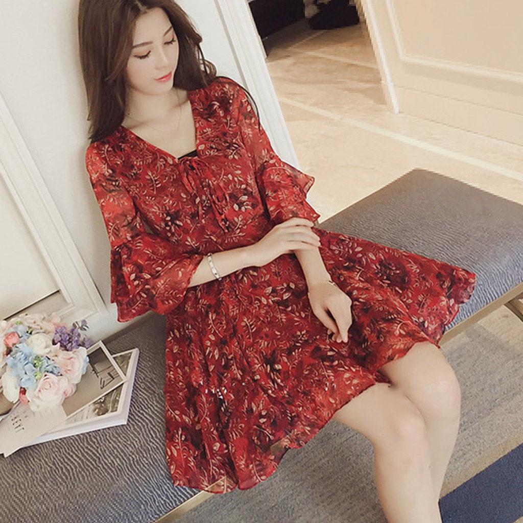 

Fashion Women V-Neck Three Quarter Sleeve Flare Sleeve Printed A-line Dress M червоний