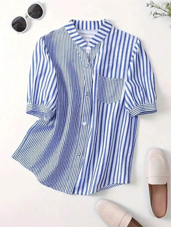 2026 Spring/Summer Women's Plus Size Blue & White Striped Loose Short-Sleeve Casual Shirt