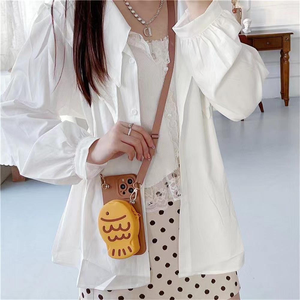 Cute 3D Snapper Wallet Lipstick Bag Crossbody Neck Rope Silicon case for 16Pro Max 11 12 13 14 15 Xr 8Plus cartoon cover
