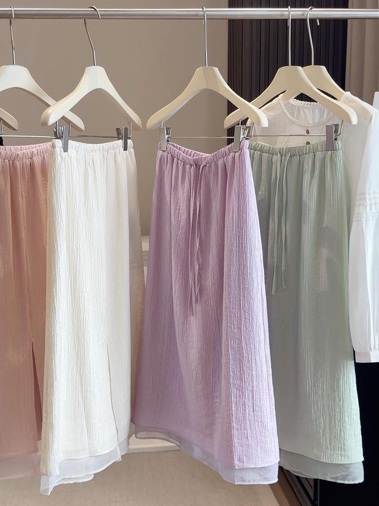 Korean Textured High-Waisted Drawstring Skirt with Mesh Hem and Back Slit for Women