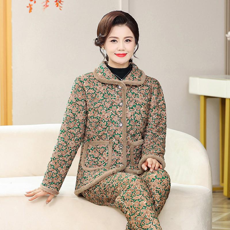 Mom's Winter Plus Velvet Cotton Jacket & Pants Set - Fashionable and Cozy Two-Piece Home Pajamas