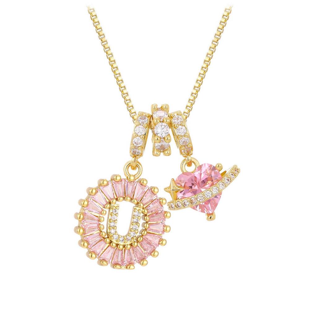 Pink Rock Candy 26-Letter Diamond Necklace with Gold-Plated Zircon and Round Flower Pendant