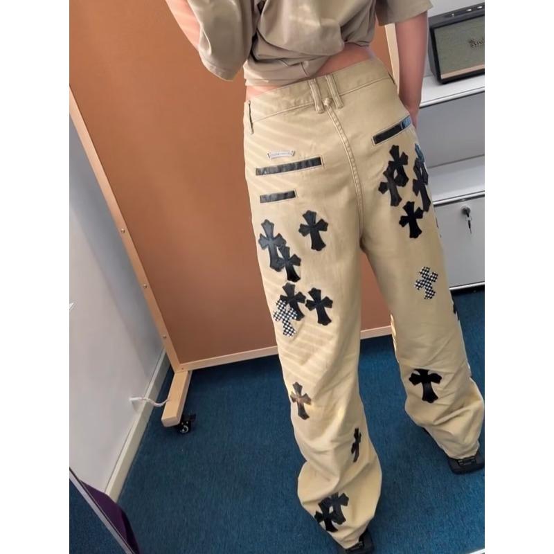 

overalls leather checkerboard cross khaki casual straight loose jeans men s and women s trousers S коричневый