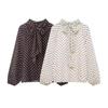 Women's Summer Loose-Fit Simple Bow Polka Dot Long-Sleeve Shirt with Elegant Slightly Stretchable Bell Sleeves