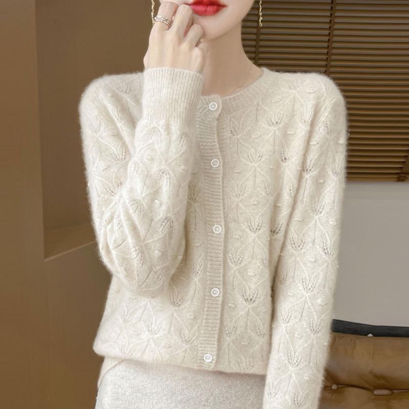 Women Solid Color Round Neck Hollow Out Knitted Cardigan Loose Long Sleeve Fashion Sweater Outerwear