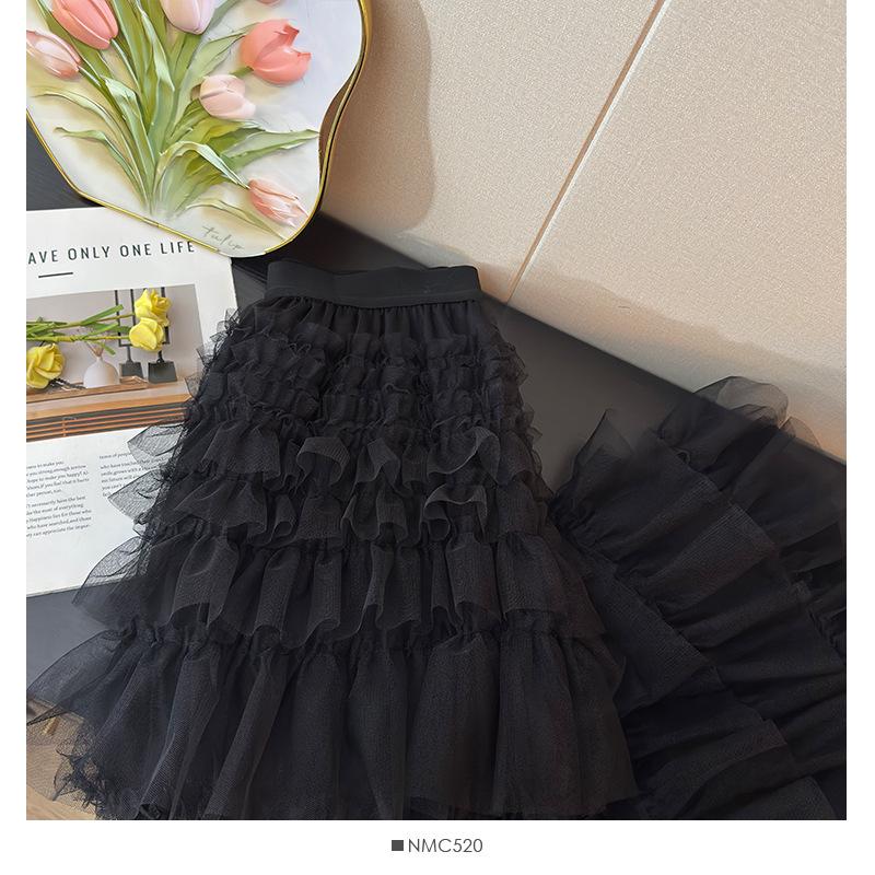 Elegant French Ruffled Multi-layered A-line Fluffy High-waisted Pleated Skirt for Women - Autumn 2025 Collection