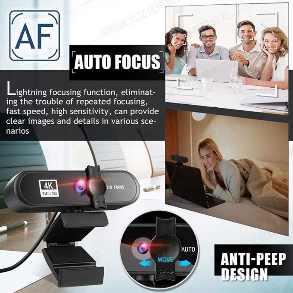 4K Webcam Auto Focus HD USB Camera with Microphone for PC Live Streaming Plug and Play Network Video Conference