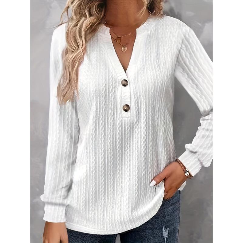 Women Long Sleeve V Neck Button Solid Color T Shirt