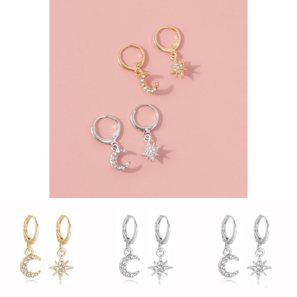 Trendy Star Geometric And Moon Earrings Alloy Jewelry With Rhinestones Women For