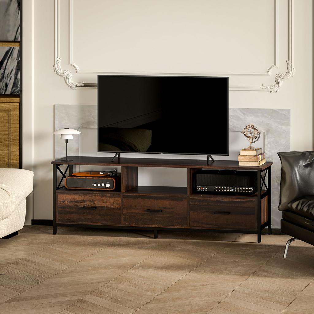 Industrial TV Stand with 3 Drawers and 3 Open Shelves, in Wood and Steel, 147x40x50 cm, Black and Brown