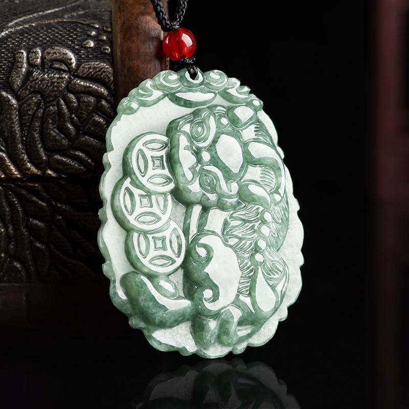 Natural Grade A Jade Pixiu Pendant Necklace with Icy Jadeite Three Golden Coins