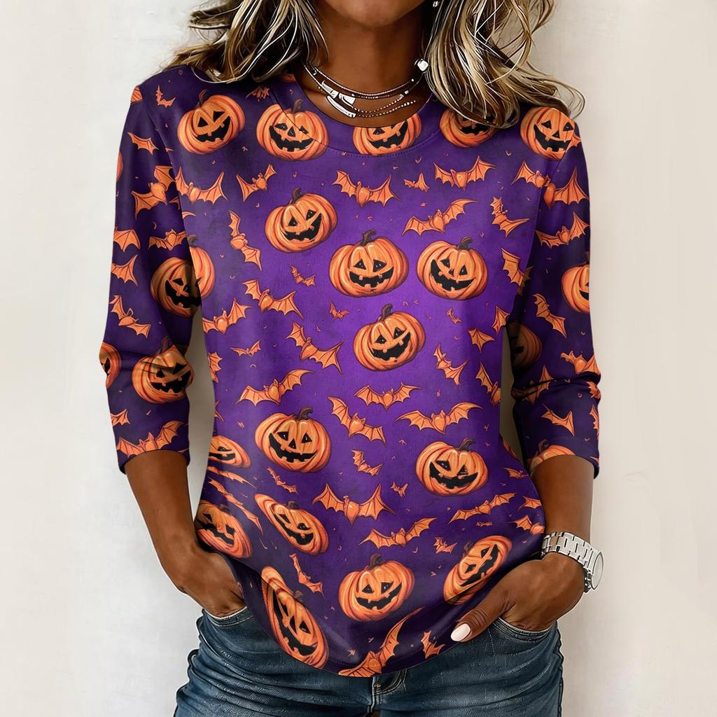 Women Loose Fit Casual 3/4 Sleeve Top Halloween Print Comfortable Pullover Lightweight Blouse for Everyday Wear