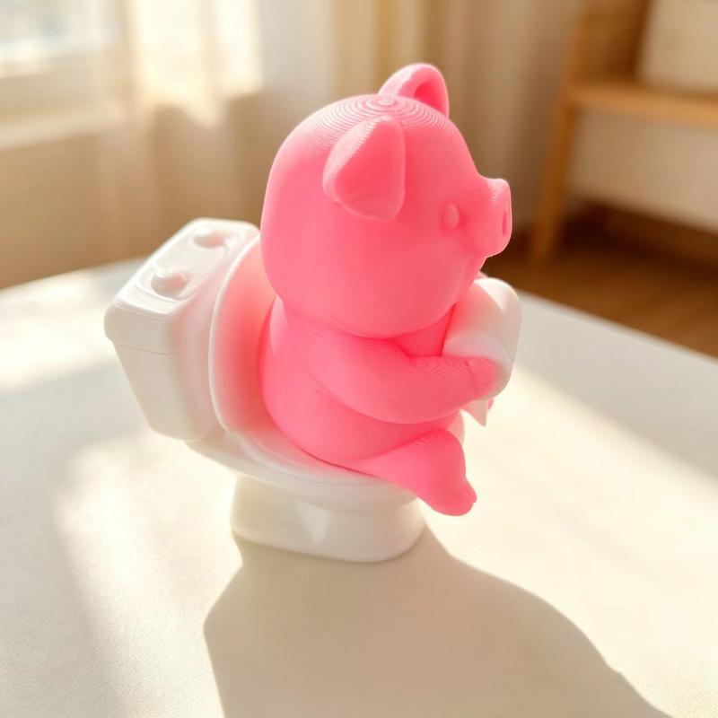 Funny 3D Printed Cartoon Plastic Pig Figurine Sitting On Toilet Wall Mounted Desk Shelf Decor