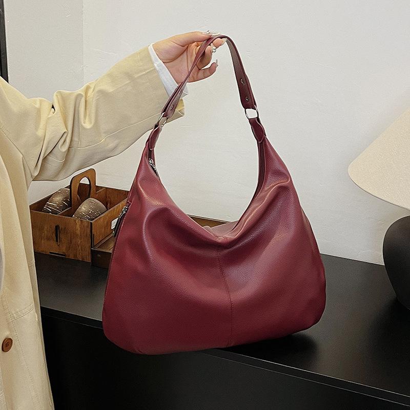 

Pebbled Leather Large Capacity Tote Top Handle Shoulder Bag Women European American Style Commuter Trendy Versatile вина червоного кольору