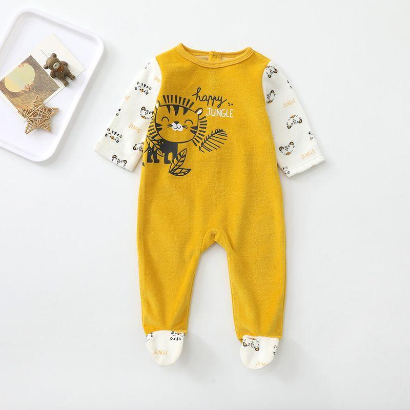 

French-Style 1-24 Months Spring and Autumn Baby Velvet Back-Buttoned Romper with Crocodile and Lion Design, Footed Jumpsuit Turmeric (Slight Imperfections) Clothing Label 1m