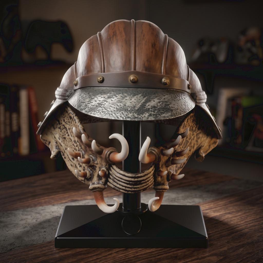Medieval Style Warrior Helmet with Metal Rivets and Decorative Horned Jaw Guard Suitable for Role Play and Display